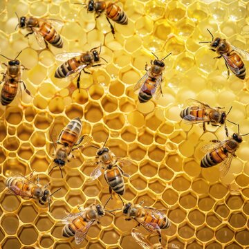 Honeycomb with bees, closeup of the queen bee in flight surrounded in the style of worker and guard honeybees on a yellow gold background. Generative AI.