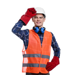 Young man wearing safety equipment on white background
