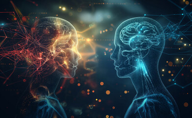 Two digital human profiles facing each other with interconnected neural pathways and data points, representing communication and artificial intelligence.