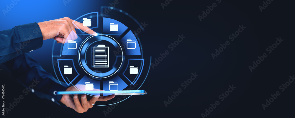 Aufkleber man hands with tablet and dms interface