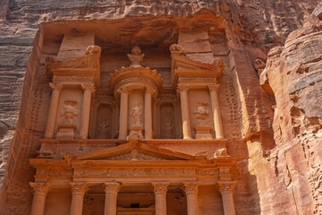 Front view of the entrance to the Treasury in Petra. The most famous temple in this rock city. Petra. Jordan.