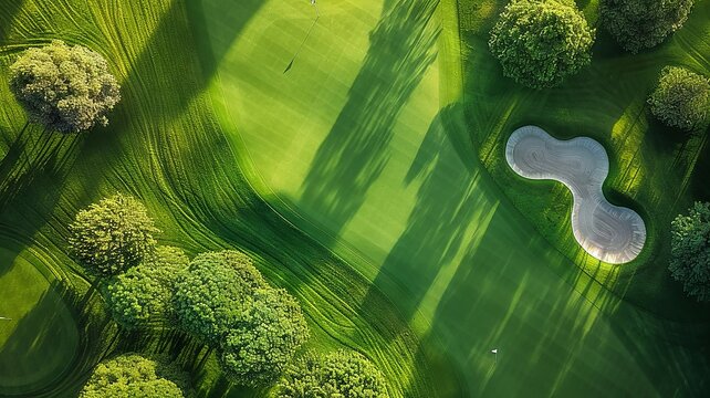 Birds-eye view of a vibrant golf course with contrasting sand traps
