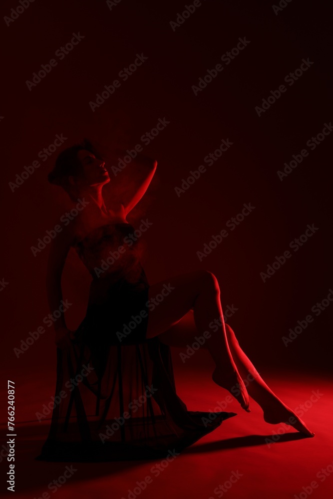 Poster Fashionable full length portrait of attractive woman with smoke on dark red background