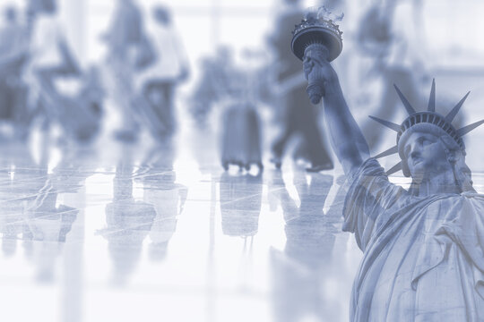Abstract image of people walking in the airport with Statue of Liberty as double exposure background. 