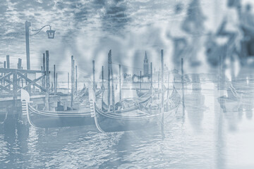 Abstract image of people walking in the airport with gondolas in Venice as double exposure background. 