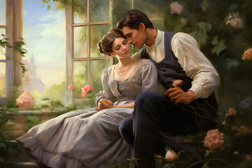 Moonlit Garden Capturing a Romantic Era-Inspired Lovers' Embrace