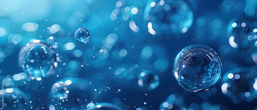 Poster close-up of detailed 3d rendered molecules with a blue biotech background, symbolizing advanced scie