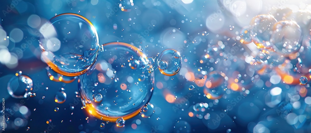 Poster close-up of detailed 3d rendered molecules with a blue biotech background, symbolizing advanced scie