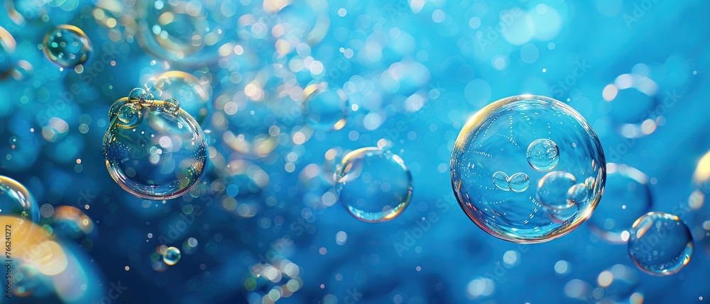Poster close-up of detailed 3d rendered molecules with a blue biotech background, symbolizing advanced scie