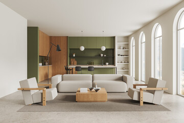 Beige flat studio interior with relaxing and cooking space, panoramic window