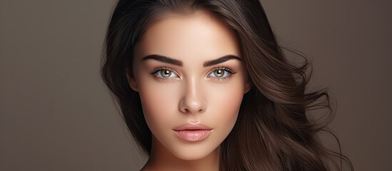 The lady has lengthy brown hair and captivating blue eyes, striking a pose for a photograph - obrazy, fototapety, plakaty