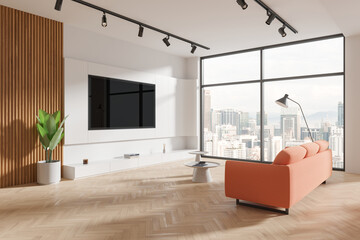 White and wooden living room corner with couch and TV