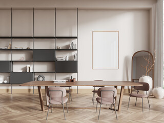 White dining room interior with bookcase and poster