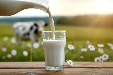 Pouring fresh milk into a glass standing on a wooden table overlooking a green meadow with flowers and a cow with space for text or inscriptions. Banner or background with milk
 - obrazy, fototapety, plakaty