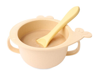Tasty baby food and spoon in bowl isolated on white