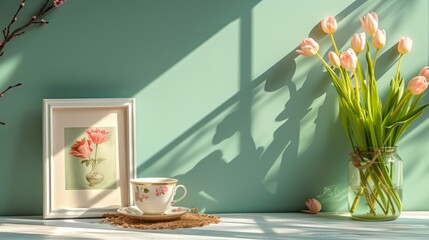 A mock-up of a blank menu or order card on a table with a tasteful tea set in a tranquil setting with soft sunlight.