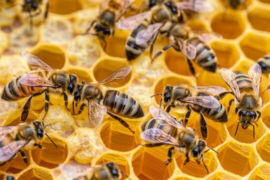 Bees on Honeycomb in Warm Sunlight. Generative AI.