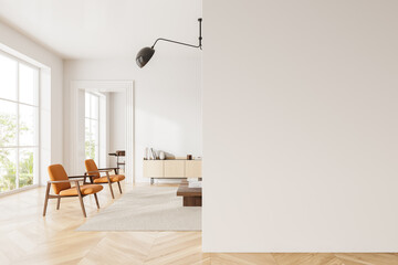 Hotel living room interior with two armchairs and panoramic window. Mock up wall