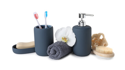 Bath accessories. Different personal care products and flower isolated on white