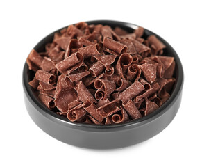 Delicious chocolate shavings in bowl isolated on white