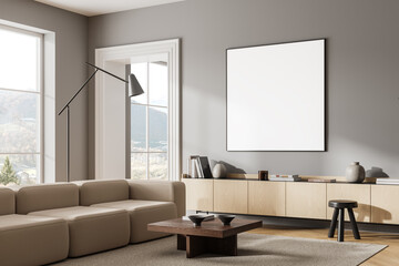 Stylish living room interior with couch and drawer near window. Mockup frame - obrazy, fototapety, plakaty