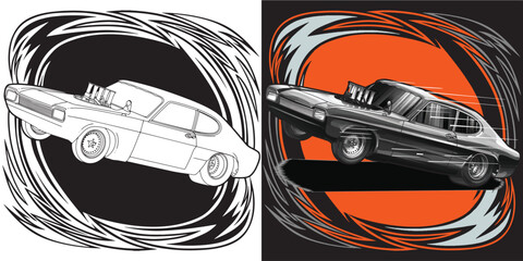 Outline and painted racing car. Isolated in black background, for t-shirt design, print and for business purposes. © wendy