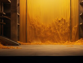 Dark mustard background, minimalist stage design style