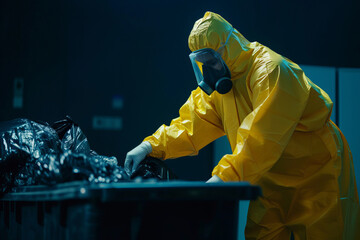 A man in a yellow protective suit and mask throws something dangerous into the garbage or picks up something. Virus or other harmful things to health
 - obrazy, fototapety, plakaty