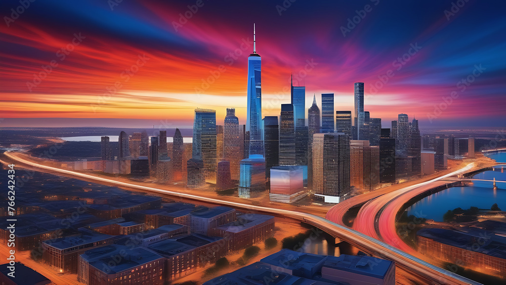 Poster a city skyline with a large building in the middle