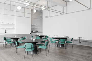 Fototapeta na wymiar White cafe interior with eating table, bar island and shelf with coffee machine