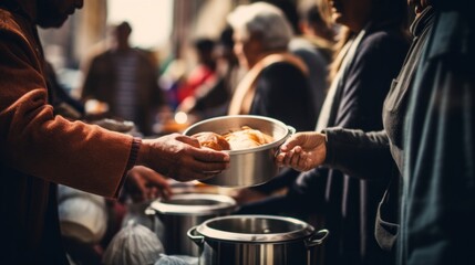 Volunteers prepare and distribute delicious free food to homeless and needy people on the street. Charity, Donation, Assistance concepts. - obrazy, fototapety, plakaty