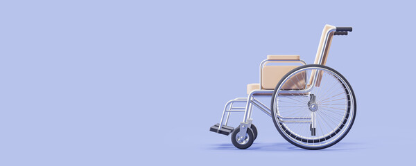 Beige leather wheelchair on blue empty copy space background