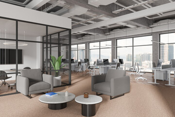 Modern office interior with relaxing and coworking zone, panoramic window