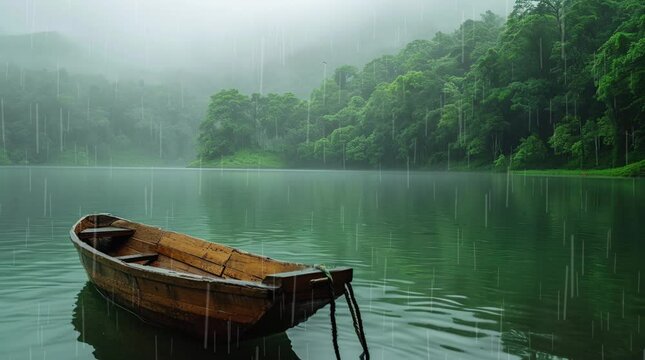 Tranquil lake scene: A wooden boat peacefully glides across the calm waters of the serene lake, surrounded by scenic bea Seamless looping 4k time-lapse virtual video animation background. Generated AI