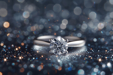 Silver engagement ring with diamond close up on a beautiful background with bokeh sparkles with space for text or inscriptions
 - obrazy, fototapety, plakaty