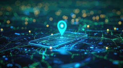 Abstract digital smartphone map GPS technology futuristic blue green background, Cyber science tech, communication future, Ai big data, internet network connection