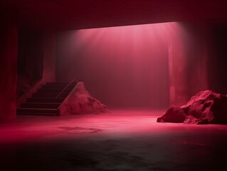 Dark pink background, minimalist stage design style