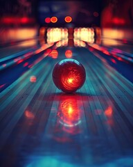 A dynamic bowling game, neon signs flashing, in a retro ambiance, captured from a low angle for dramatic effect