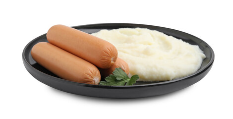 Delicious boiled sausages, mashed potato and parsley isolated on white