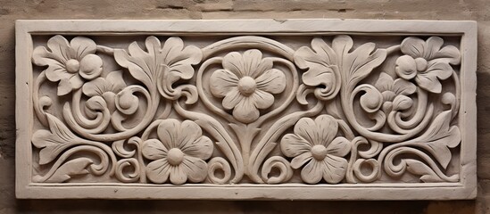 A sculpture of flowers and leaves carved onto a rectangular wooden artifact, adorning a wall with intricate patterns and symmetrical designs
