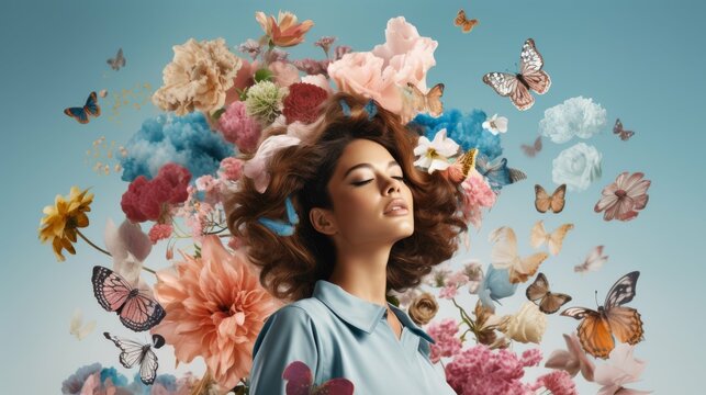 Woman Surrounded by Butterflies and Flowers