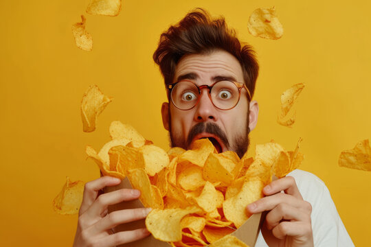 Man stuffing himself with unhealthy chips isolated on yellow background with space for text or inscriptions. Young man with a lot of chips in front of the camera close up
