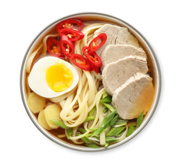 Delicious ramen in bowl isolated on white, top view. Noodle soup