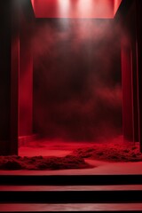 Dark red background, minimalist stage design style