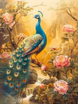 Luxury Chinoiserie painting of  peacock on pink peony and waterfall background,  for home decor, wall art, digital art print, wallpaper, background