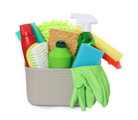 Different cleaning products in plastic basket isolated on white
