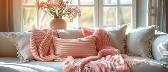 Farmhouse interior design of modern living room, person relaxing on sofa, Pink and white pillows and blanket on sofa near window. Cozy home place, French country