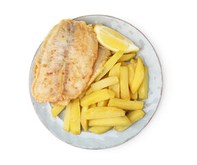 Delicious fish and chips with lemon wedge isolated on white, top view