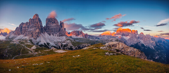 Famous rocky massif Tre Cime di Lavaredo. Italian Alps, South Tyrol, Europe.