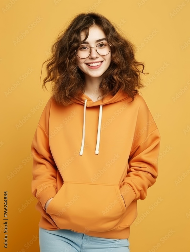 Canvas Prints Woman With Glasses Standing in Front of Yellow Wall